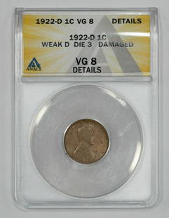 1922 D LINCOLN WHEAT CENT 1C DIE 3 WEAK 'D' ANACS VG 08 VERY GOOD DETAILS: 1922 D LINCOLN WHEAT CENT 1C DIE 3 WEAK 'D' ANACS VG 08 VERY GOOD DETAILS Certification: ANACS Composition: Copper Grade: VG-8 Year: 1922 Circulated/Uncirculated: Unknown Strike Type: MS Mint