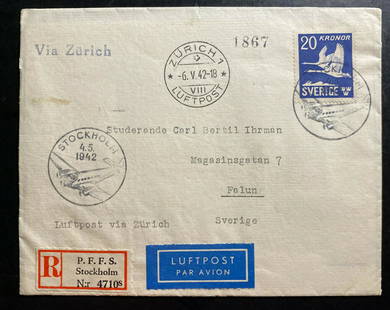 1942 Stockholm Sweden First Flight Airmail cover FFC To Zurich: 1942 Stockholm Sweden First Flight Airmail cover FFC To Zurich Grade: Ungraded Place of Origin: Sweden Quality: Used Type: Cover Country/Region of Manufacture: Sweden Certification: Uncertified 