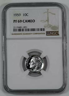 1959 PROOF ROOSEVELT DIME 10C NGC CERTIFIED PF 69 CAMEO: 1959 PROOF ROOSEVELT DIME 10C NGC CERTIFIED PF 69 CAMEO Certification: NGC Composition: Silver Grade: PF-69 Year: 1959 Circulated/Uncirculated: Uncirculated Strike Type: PR Mint Location: