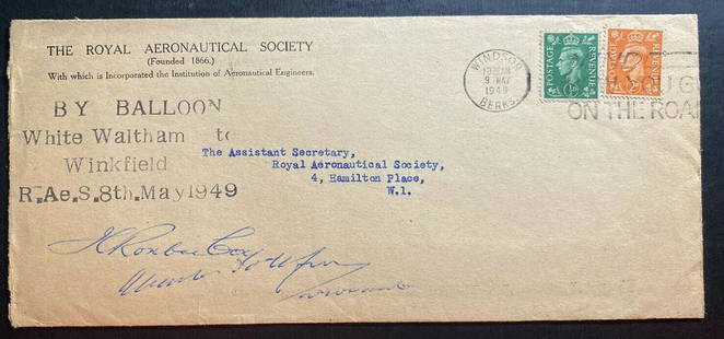 1949 Windsor England Royal Aeronautical Society Cover By Ballon Flight: 1949 Windsor England Royal Aeronautical Society Cover By Ballon Flight Place of Origin: Great Britain Pre-Owned PLEASE NOTE: Framed Large or heavy Items do not have shipping costs included. The