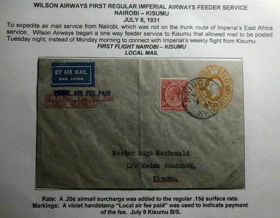 1931 Nairobi Kenya First Flight Cover FFC To Kisumu Wilson: 1931 Nairobi Kenya First Flight Cover FFC To Kisumu Wilson Type: Cover Quality: Used Place of Origin: British KUT Grade: Ungraded Certification: Uncertified Pre-Owned PLEASE NOTE: Framed Large