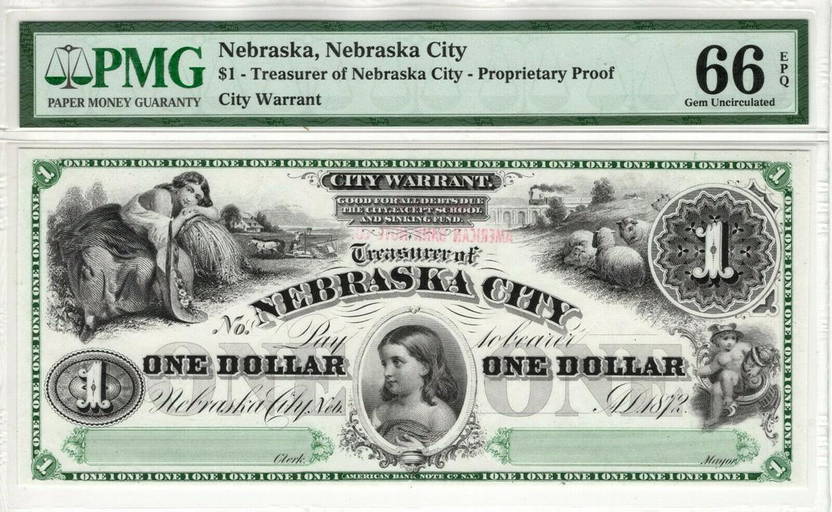 1872 1 TREASURER OF NEBRASKA CITY PROOF OBSOLETE CITY WARRANT PMG GEM