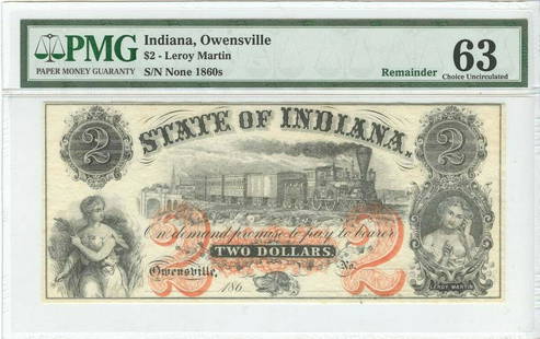 1860's $2 State Of Indiana Owensville Obsolete Note PMG: 1860's $2 State Of Indiana Owensville Obsolete Note PMG Certification: PMG Certification Number: 1540400006 Grade: MS63 Circulated/Uncirculated: Not Specified Denomination: Obsolete Note Pre-Owned 