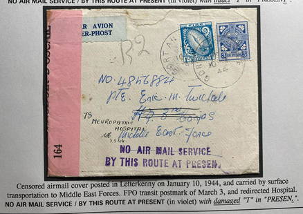 1941 Letterkenny Ireland Airmail Censored Cover To Middle East Force Field: 1941 Letterkenny Ireland Airmail Censored Cover To Middle East Force Field Type: Event Cover Place of Origin: Ireland Country/Region of Manufacture: Ireland Grade: Ungraded Quality: Used Topic: