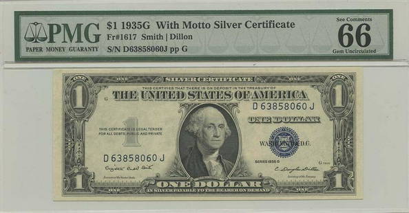 1935G $1 Silver Cert FR#1617 PMG 66 Gem UNC EPQ W/: 1935G $1 Silver Cert FR#1617 PMG 66 Gem UNC EPQ W/ Certification: PMG Certification Number: 1021173023 Grade: MS66 Circulated/Uncirculated: Uncirculated Denomination: Silver Certificate Type: 1617