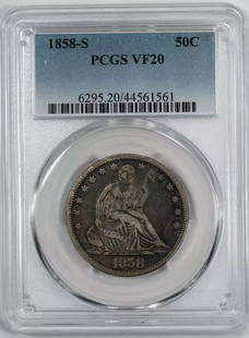 1858 S SEATED LIBERTY HALF DOLLAR 50C SILVER PCGS CERTIFIED VF 20 VERY FINE: 1858 S SEATED LIBERTY HALF DOLLAR 50C SILVER PCGS CERTIFIED VF 20 VERY FINE Certification: PCGS Composition: Silver Grade: VF-20 Year: 1858 Circulated/Uncirculated: Circulated Strike Type: MS Mint