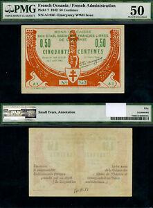 FR. 7 50 1942 World Paper Money French Oceania PMG: FR. 7 50 1942 World Paper Money French Oceania PMG Grade: AU50 Certification: PMG Circulated/Uncirculated: Circulated Certification Number: 1524080-004 Denomination: 50 Type: World Paper Money Year: