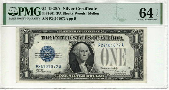 1928 A $1 SILVER CERTIFICATE NOTE FR.1601 PA BLOCK PMG CHOICE UNC 64 EPQ: 1928 A $1 SILVER CERTIFICATE NOTE FR.1601 PA BLOCK PMG CHOICE UNC 64 EPQ Country/Region of Manufacture: United States Certification Number: 2080020-032 Certification: PMG Grade: 64 Type: Banknotes