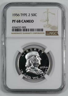 1956 PROOF FRANKLIN HALF DOLLAR 50C TY2 NGC CERTIFIED PF 68 CAMEO: 1956 PROOF FRANKLIN HALF DOLLAR 50C TY2 NGC CERTIFIED PF 68 CAMEO Certification: NGC Composition: Silver Grade: PF-68 Year: 1956 Circulated/Uncirculated: Uncirculated Strike Type: PR Mint Location: