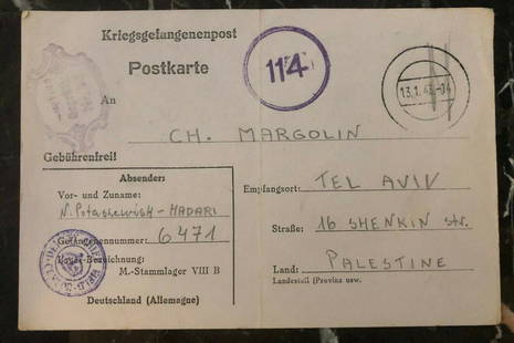 1943 Germany POW Camp Postcard Cover Stalag 8B to Tel Aviv Palestine: 1943 Germany POW Camp Postcard Cover Stalag 8B to Tel Aviv Palestine Region: Germany Modified Item: No Type: Prisoner of War Topic: Cover Country/Region of Manufacture: Germany Quality: Used Place