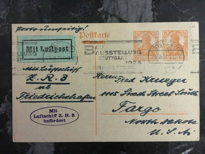 1924 Germany ZR 3 Zeppelin Postcard Cover First Flight to Fargo ND USA Both: 1924 Germany ZR 3 Zeppelin Postcard Cover First Flight to Fargo ND USA Both Quality: Used Place of Origin: Germany & Colonies Grade: Ungraded Certification: Uncertified Pre-Owned PLEASE NOTE: