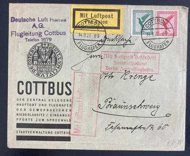 1927 Cottbus Germany Lufthansa Flight Early Airmail cover To: 1927 Cottbus Germany Lufthansa Flight Early Airmail cover To Type: covers Place of Origin: Germany & Colonies Quality: Used Region: Germany Grade: Ungraded Country/Region of Manufacture: Germany