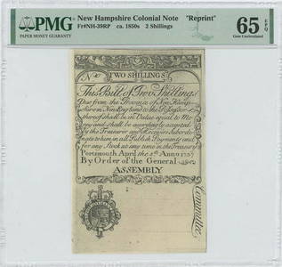 1737 New Hampshire Two Shillings NH-39 PMG GEM 65 EPQ c. 1850 "Cohen"