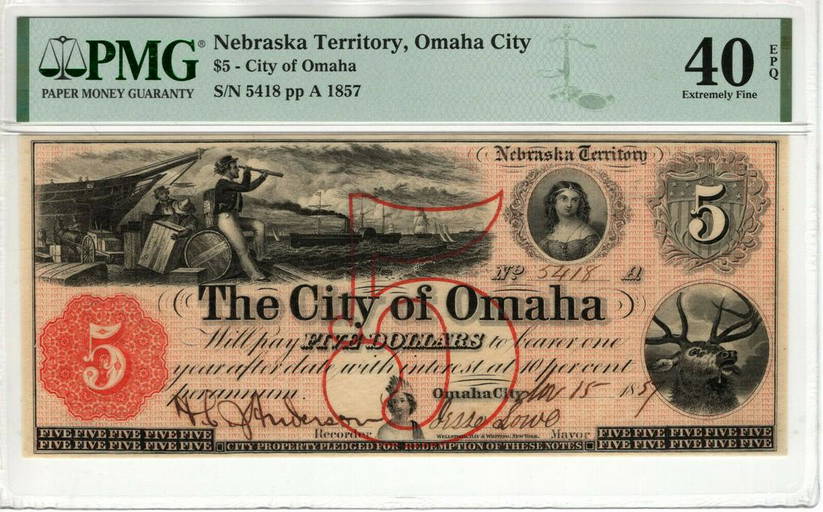 1857 5 CITY OF OMAHA NEBRASKA TERRITORY OBSOLETE NOTE PMG XF EF 40 EPQ