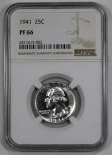 1941 PROOF WASHINGTON QUARTER 25C SILVER NGC CERTIFIED PF 66 PROOF: 1941 PROOF WASHINGTON QUARTER 25C SILVER NGC CERTIFIED PF 66 PROOF Certification: NGC Composition: Silver Grade: PF-66 Year: 1941 Circulated/Uncirculated: Uncirculated Strike Type: PR Mint Location: