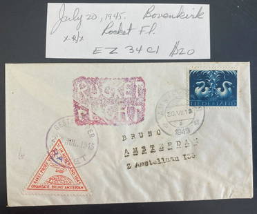 1945 Amsterdam Netherlands First Rocket Flight Airmail Cover: 1945 Amsterdam Netherlands First Rocket Flight Airmail Cover Type: Cover Place of Origin: Netherlands & Colonies Quality: Used Grade: Ungraded Certification: Uncertified Pre-Owned PLEASE NOTE: