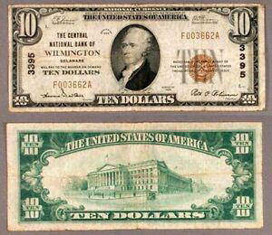 Wilmington DE $10 1929 T-1 National Bank Note Ch #3395 Central NB: Wilmington DE $10 1929 T-1 National Bank Note Ch #3395 Central NB Certification: Uncertified Grade: F/VF Circulated/Uncirculated: Circulated Denomination: $10 Type: National Bank Note Year: 1929 T-1