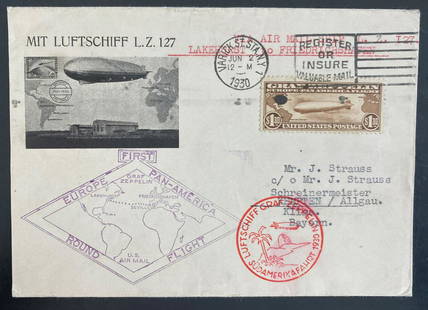 1930 USA Graf Zeppelin cover Around the World to Kempten Germany Sc #: 1930 USA Graf Zeppelin cover Around the World to Kempten Germany Sc # Place of Origin: United States Topic: Aviation Country/Region of Manufacture: Switzerland Pre-Owned PLEASE NOTE: Framed 