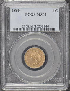 1860 1C Indian Cent - Type 2 Copper-Nickel PCGS: 1860 1C Indian Cent - Type 2 Copper-Nickel PCGS Certification: PCGS Certification Number: 15239240 Grade: MS62 Year: 1860 Circulated/Uncirculated: Uncirculated Strike Type: Business Mint Location: