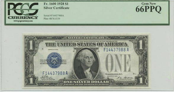 1928 $1 Silver Cert FR#1600 PCGS 66 Gem New: 1928 $1 Silver Cert FR#1600 PCGS 66 Gem New Certification: PCGS Currency Certification Number: 80494102 Grade: MS66 Circulated/Uncirculated: Uncirculated Denomination: Silver Certificate Type: 1600