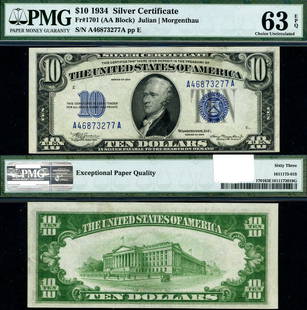 FR. 1701 $10 1934 Silver Certificate A-A Block Choice PMG CU63: FR. 1701 $10 1934 Silver Certificate A-A Block Choice PMG CU63 Circulated/Uncirculated: Uncirculated Grade: CU63 EPQ Choice Certification: PMG Certification Number: 1611173-018 Denomination: $10