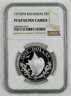 1975 FM PROOF BAHAMAS DOLLAR S$1 SILVER CONCH NGC CERT PF 69 - ULTRA CAMEO: 1975 FM PROOF BAHAMAS DOLLAR S$1 SILVER CONCH NGC CERT PF 69 - ULTRA CAMEO Country/Region of Manufacture: Bahamas Certification: NGC Strike Type: Proof Grade: PF 69 ULTRA CAMEO Year: 1975