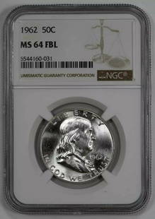 1962 FRANKLIN HALF DOLLAR 50C NGC MS 64 FBL MINT UNC - FULL BELL LINES: 1962 FRANKLIN HALF DOLLAR 50C NGC MS 64 FBL MINT UNC - FULL BELL LINES Certification: NGC Composition: Silver Grade: MS-64 Year: 1962 Circulated/Uncirculated: Uncirculated Strike Type: MS Mint