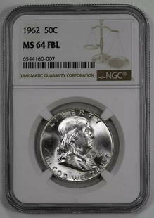 1962 FRANKLIN HALF DOLLAR 50C NGC MS 64 FBL MINT UNC - FULL BELL LINES: 1962 FRANKLIN HALF DOLLAR 50C NGC MS 64 FBL MINT UNC - FULL BELL LINES Certification: NGC Composition: Silver Grade: MS-64 Year: 1962 Circulated/Uncirculated: Uncirculated Strike Type: MS Mint