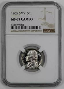 1965 SMS JEFFERSON NICKEL 5C NGC CERTIFIED MS 67 MINT STATE UNC - CAMEO: 1965 SMS JEFFERSON NICKEL 5C NGC CERTIFIED MS 67 MINT STATE UNC - CAMEO Certification: NGC Composition: Nickel Grade: MS-67 Year: 1965 Circulated/Uncirculated: Uncirculated Strike Type: MS Mint