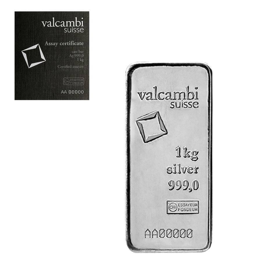 1 Kilo Silver Bar Valcambi Suisse .999 Fine (w/Assay): 1 Kilo Silver Bar Valcambi Suisse .999 Fine (w/Assay) Condition: New Purity: .999 Actual Weight: 32.15 troy oz Gross Weight : 1 kilo Dimensions: 117 x 53 x 15 mm Mint/Brand: Valcambi Suisse The MYNT G
