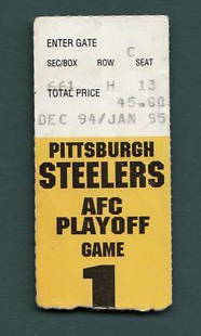1995 AFC Division Playoff Ticket Stub Pittsburgh Steelers Browns 128431: 1995 AFC Division Playoff Ticket Stub Pittsburgh Steelers Browns 128431 Sport: Football-NFL Original/Reproduction: Original PLEASE NOTE: Framed Large or heavy Items do not have shipping costs