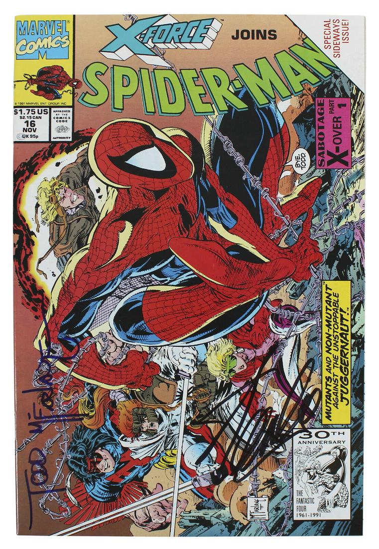 Stan Lee & Todd McFarlane Signed X-Force Joins Spider-Man #16 Comic JSA: Stan Lee & Todd McFarlane Signed X-Force Joins Spider-Man #16 Comic JSA Industry: Movies Original/Reproduction: Original Autograph Authentication: JSA PRODUCT_COA: JSA PRODUCT_SIGNED_BY_NAME: Stan Lee