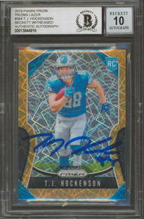 Lions T.J. Hockenson Signed 2019 Panini Prizm Lazer #364 RC Auto 10! BAS: Lions T.J. Hockenson Signed 2019 Panini Prizm Lazer #364 RC Auto 10! BAS Graded: Yes Sport: Football-NFL Team: Detroit Lions League: NFL Certification Number: 13844918 PRODUCT_COA: Beckett