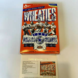 1995 Dallas Cowboys Super Bowl XXX Champs Team Signed Wheaties Box JSA COA: 1995 Dallas Cowboys Super Bowl XXX Champs Team Signed Wheaties Box JSA COA Product: Box Sport: Football-NFL Autograph Authentication: James Spence Authentication (JSA) Team: Dallas Cowboys 