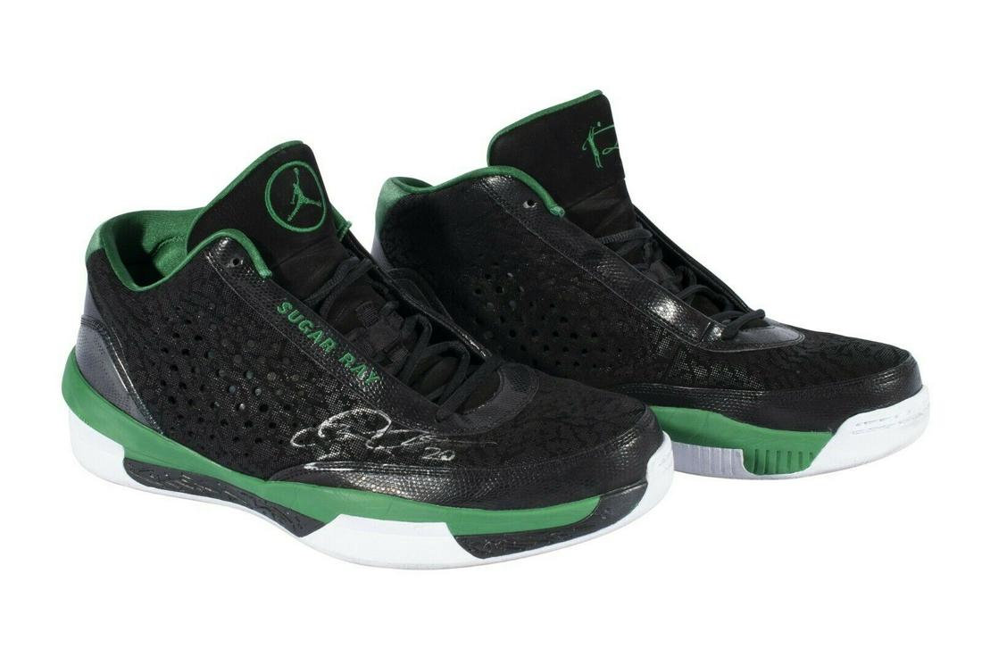 Ray Allen Signed 2010-11 Game Used Sugar Ray Jordan Shoes With Beckett COA: Ray Allen Signed 2010-11 Game Used Sugar Ray Jordan Shoes With Beckett COA Product: Ball Autograph Authentication: Beckett Player: Ray Allen Original/Reprint: Original Features: Used in Game PLEASE NO