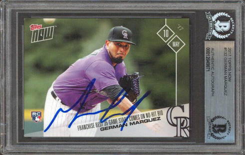 Rockies German Marquez Signed 2017 Topps Now #132 Rookie Card BAS: Rockies German Marquez Signed 2017 Topps Now #132 Rookie Card BAS Graded: No Sport: Baseball-MLB Team: Colorado Rockies League: MLB Certification Number: 12849871 PRODUCT_COA: Beckett