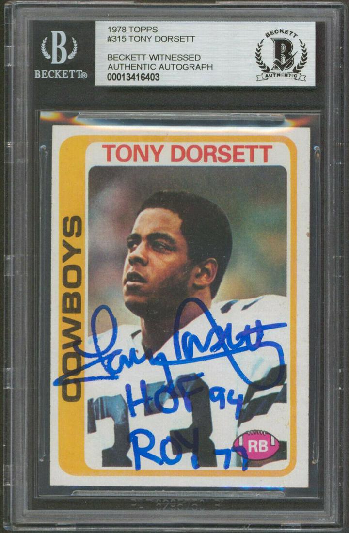 Cowboys Tony Dorsett "ROY 77 HOF 94" Signed 1978 Topps #315 RC Card BAS Slab: Cowboys Tony Dorsett "ROY 77 HOF 94" Signed 1978 Topps #315 RC Card BAS Slab Graded: No Sport: Football-NFL Team: Dallas Cowboys League: NFL Certification Number: 13416403 PRODUCT_COA: Beckett PRODUCT