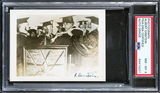 Albert Einstein  Signed 3.25x4.25 Photo Auto Graded NM-MT 8 PSA