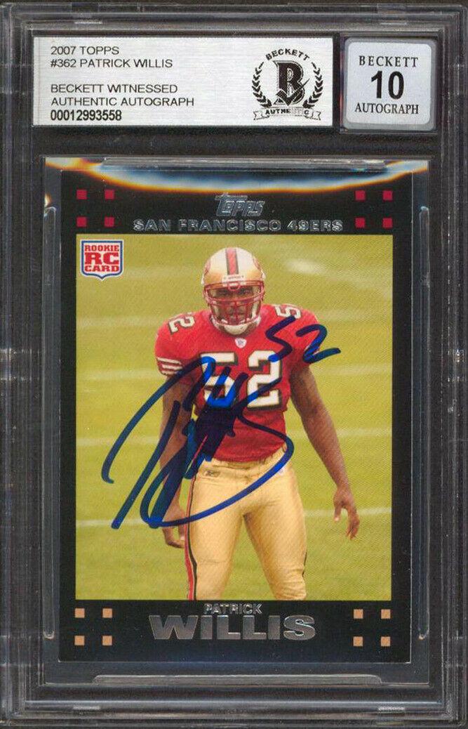 49ers Patrick Willis Signed 2007 Topps #362 Rookie Card Auto 10! BAS: 49ers Patrick Willis Signed 2007 Topps #362 Rookie Card Auto 10! BAS Graded: Yes Sport: Football-NFL Team: San Francisco 49ers League: NFL Certification Number: 12993558 PRODUCT_COA: Beckett PRODUCT_S