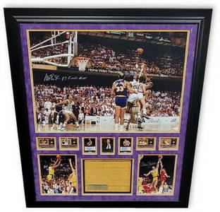 Magic Johnson Kareem Abdul Jabbar Rambis ++ Signed Showtime w/Forum Floor Framed