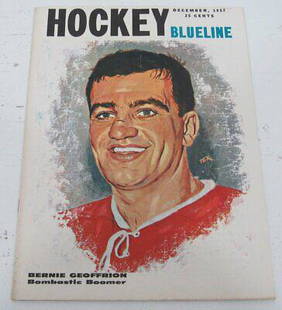 Hockey Blueline Magazine December 1957 Bernie Geoffrion Cover. 143179: Hockey Blueline Magazine December 1957 Bernie Geoffrion Cover. 143179 Sport: Hockey-NHL Original/Reproduction: Original League: NHL PLEASE NOTE: Framed Large or heavy Items do not have shipping