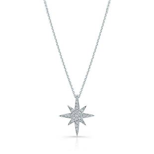 Diamond Pave North Star Pendant In 14k White Gold, 17-inch Chain: Diamond Pave North Star Pendant In 14k White Gold, 17-inch Chain Charming North Star Diamond Pendant Features 0.12ctw Of Round Brilliant Melee Set In 14 Karat White Gold 14k White Gold Pendant With