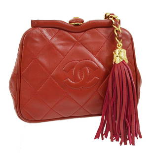 CHANEL Quilted Fringe CC Chain Belt Bum Bag Red Lambskin Leather: CHANEL Quilted Fringe CC Chain Belt Bum Bag Red Lambskin Leather Size: Small Department: Women Style: Bum Bag Bag Height: 4.7 Exterior Color: Red Exterior Material: Leather Closure: Clasp Brand: