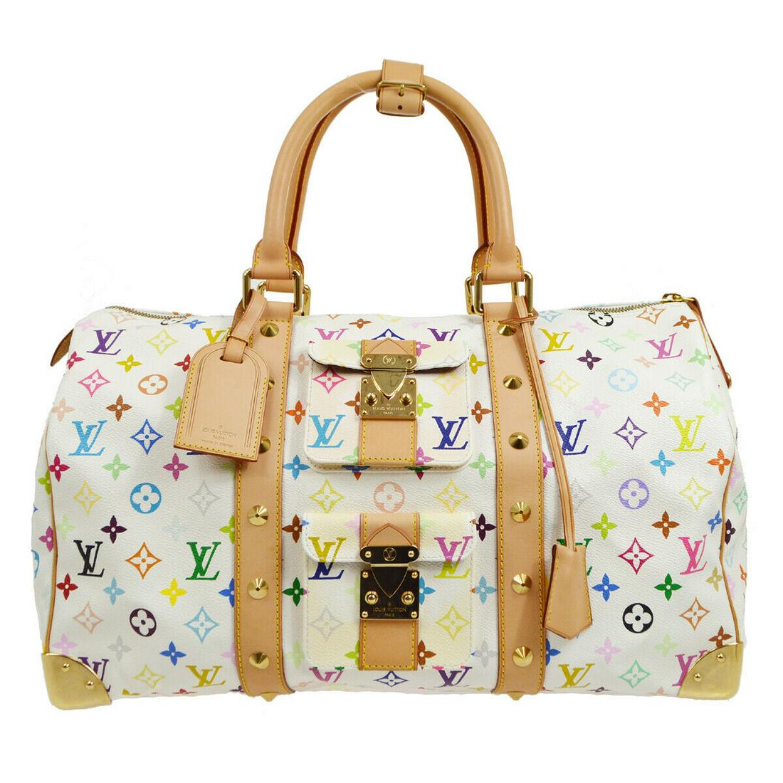 LOUIS VUITTON KEEPALL 45 HAND BAG FL0093 BLANC MONOGRAM MULTI COLOR M92641: LOUIS VUITTON KEEPALL 45 HAND BAG FL0093 BLANC MONOGRAM MULTI COLOR M92641 Gender: Women Country/Region of Manufacture: France Style: Hand bag Decade: 2000s Material: Multicolor canvas Leather Color: 