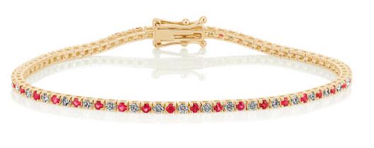 Ruby And Diamond Alternating Stones Tennis Bracelet In 14k Yellow Gold (2.4mm): Ruby And Diamond Alternating Stones Tennis Bracelet In 14k Yellow Gold (2.4mm) Beautiful Alternating Gemstone And Diamond Bracelet Showcases Exquisite 2.4mm Rubies And 1.50 Ctw Of Round Brilliants