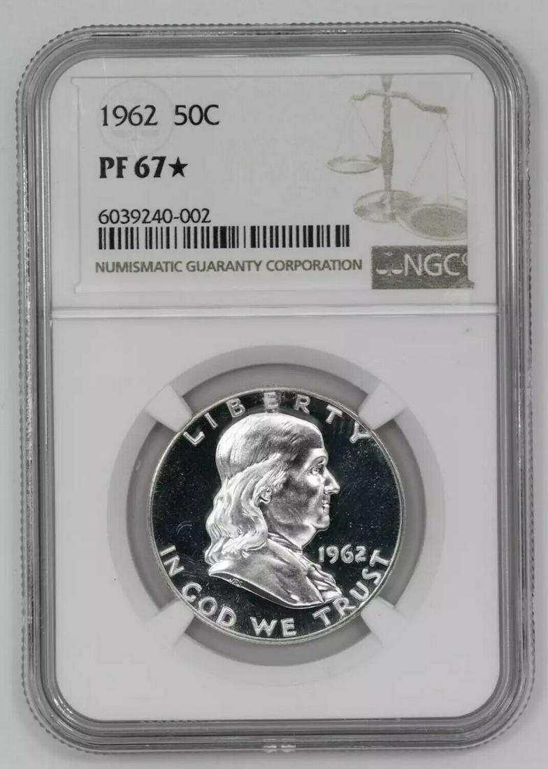 1962 PROOF FRANKLIN HALF DOLLAR 50C NGC CERTIFIED PF 67* STAR: 1962 PROOF FRANKLIN HALF DOLLAR 50C NGC CERTIFIED PF 67* STAR Certification: NGC Composition: Silver Grade: PF-67* Year: 1962 Circulated/Uncirculated: Uncirculated Strike Type: PR Mint Location: PHILA