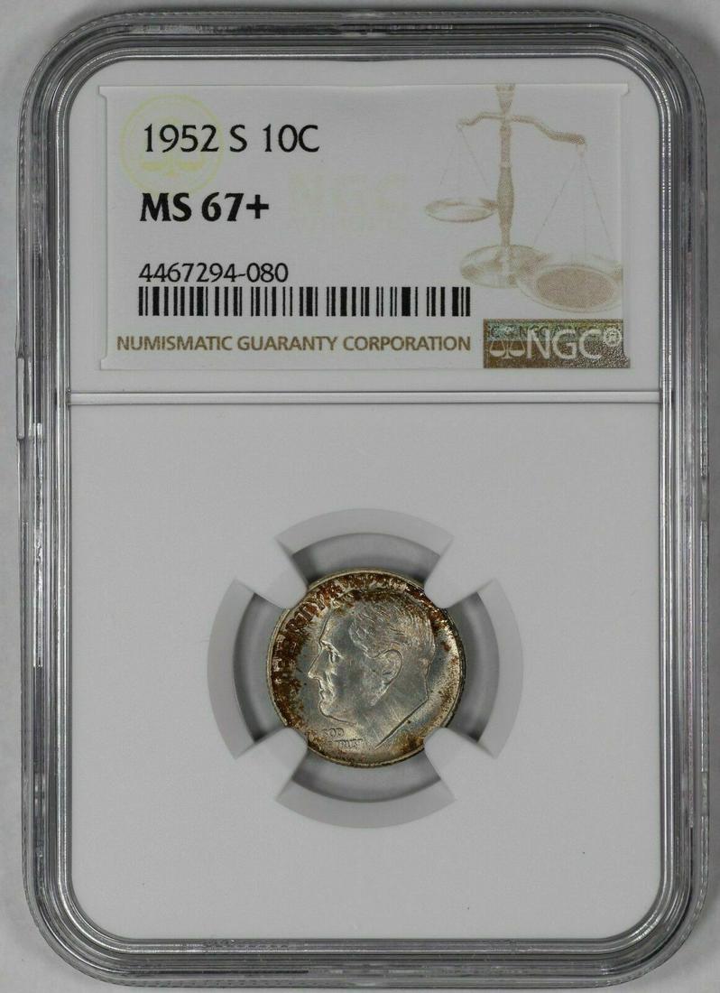 1952 S ROOSEVELT DIME 10C NGC CERTIFIED MS 67+ MINT STATE PLUS: 1952 S ROOSEVELT DIME 10C NGC CERTIFIED MS 67+ MINT STATE PLUS Certification: NGC Composition: Silver Grade: MS-67+ Year: 1952 Circulated/Uncirculated: Unknown Strike Type: MS Mint Location: S Country