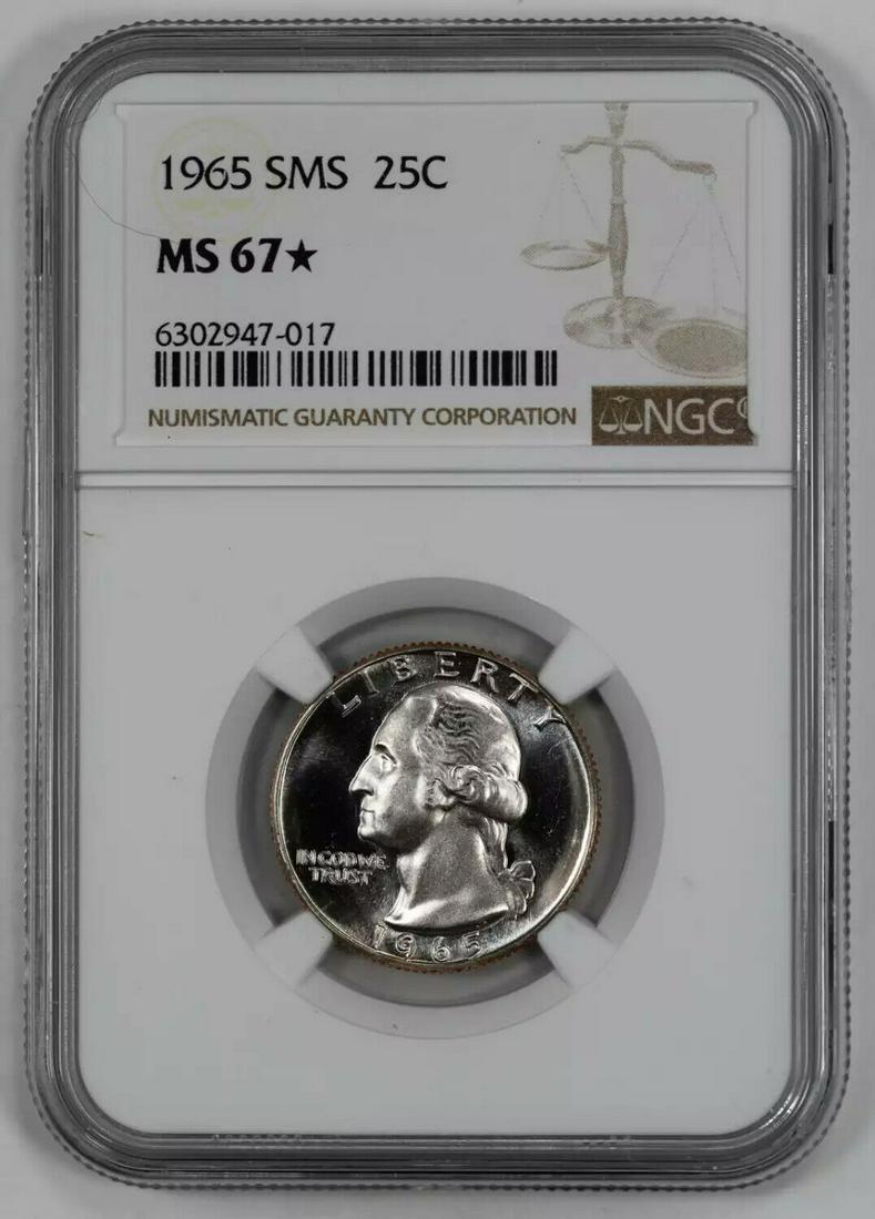 1965 SMS WASHINGTON QUARTER 25C NGC CERTIFIED MS 67* MINT UNC STAR: 1965 SMS WASHINGTON QUARTER 25C NGC CERTIFIED MS 67* MINT UNC STAR Certification: NGC Composition: Copper-Nickel Grade: MS-67* Year: 1965 Circulated/Uncirculated: Uncirculated Strike Type: MS Mint Loc