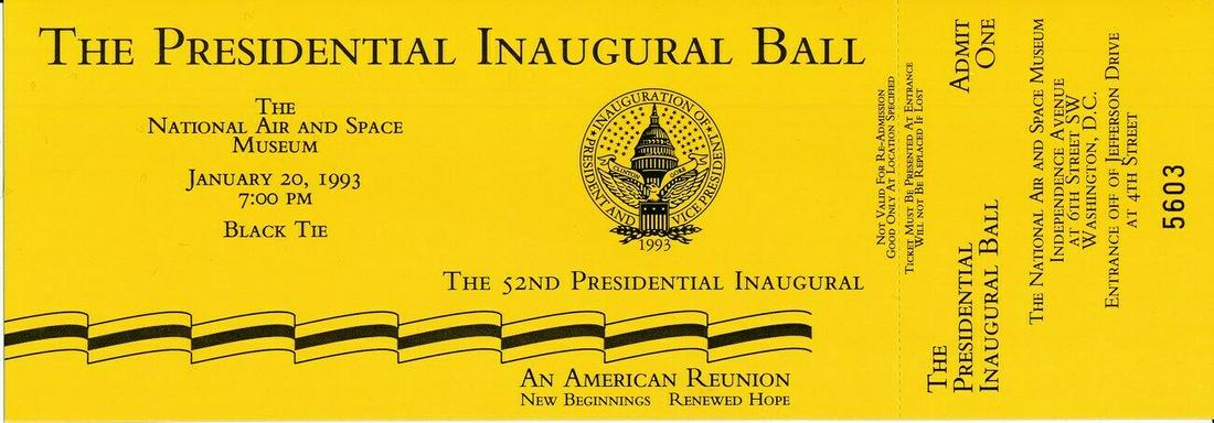 1993 Presidential Inaugural Ball Full Ticket 1/20/1993 Bill Clinton: 1993 Presidential Inaugural Ball Full Ticket 1/20/1993 Bill Clinton Sport: Entertainment/Other Autographed Sports Mem Original/Reproduction: Original Pre-Owned PLEASE NOTE: Framed Large or heavy Items