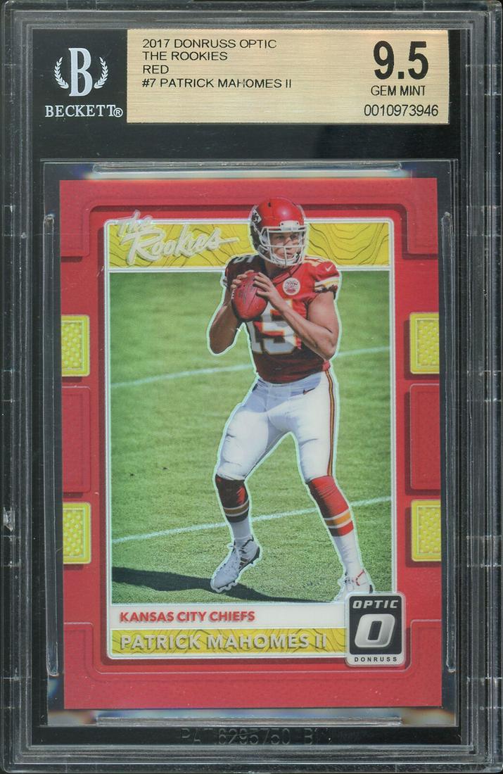 Chiefs Patrick Mahomes 2017 Donruss Optic Rookies Red #7 Card Gem 9.5 BAS: Chiefs Patrick Mahomes 2017 Donruss Optic Rookies Red #7 Card Gem 9.5 BAS Graded: Yes Sport: Football-NFL Team: Kansas City Chiefs League: NFL Certification Number: 10973946 Product Coa: Beckett Produ